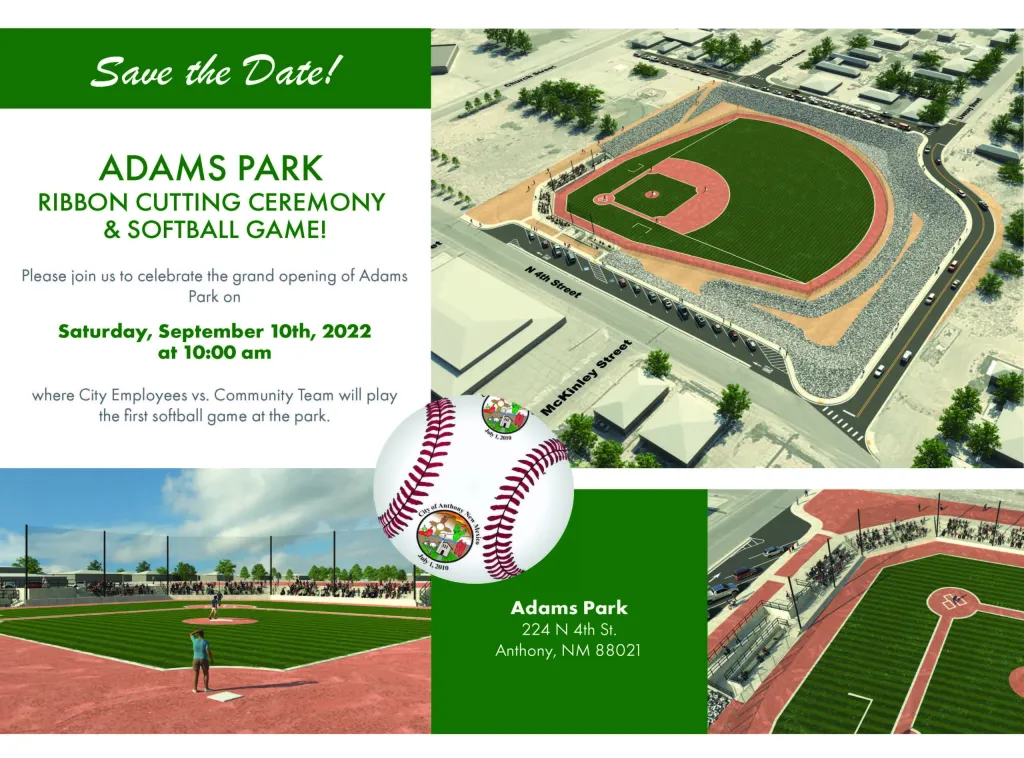 Adams Park Ribbon Cutting Ceremony And Softball Game Flyer