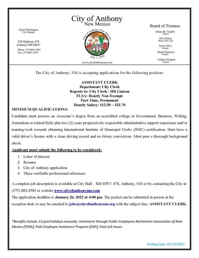 Assitant_Clerk-_Posting_01_12_22_Page_1 Part -Time Assistant Clerk Job Posting