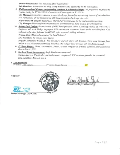 Welcome Citizen Engagement Departments Office of the City Manager City Clerk’s Office IPRA Requests City Projects Adams Ball Park Renovation Project Dos Lagos Golf Course Development Presentation Finance Department Police Department Neighborhood Services Department Public Works Department Code Enforcement Motor Vehicle Division Anthony Public Library Anthony NM Municipal Court City Government Office of the Mayor Board of Trustees Agendas & Minutes-Board of Trustees Planning & Zoning Commission Agendas & Minutes- Planning & Zoning Forms Business Resources Employment About Us Official Records Ordinances Resolutions Proclamations Request Records City Election Information BIDs/RFPs City Events COVID-19 INFORMATION News City Projects City Complaint Policy and Form Expand Search Form Board of Trustees Workshop Minutes Page 2