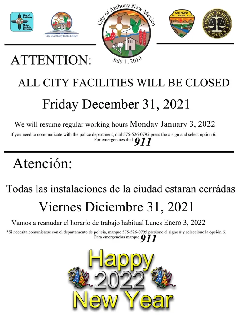 City Facilities Closure New Year's Eve Notice