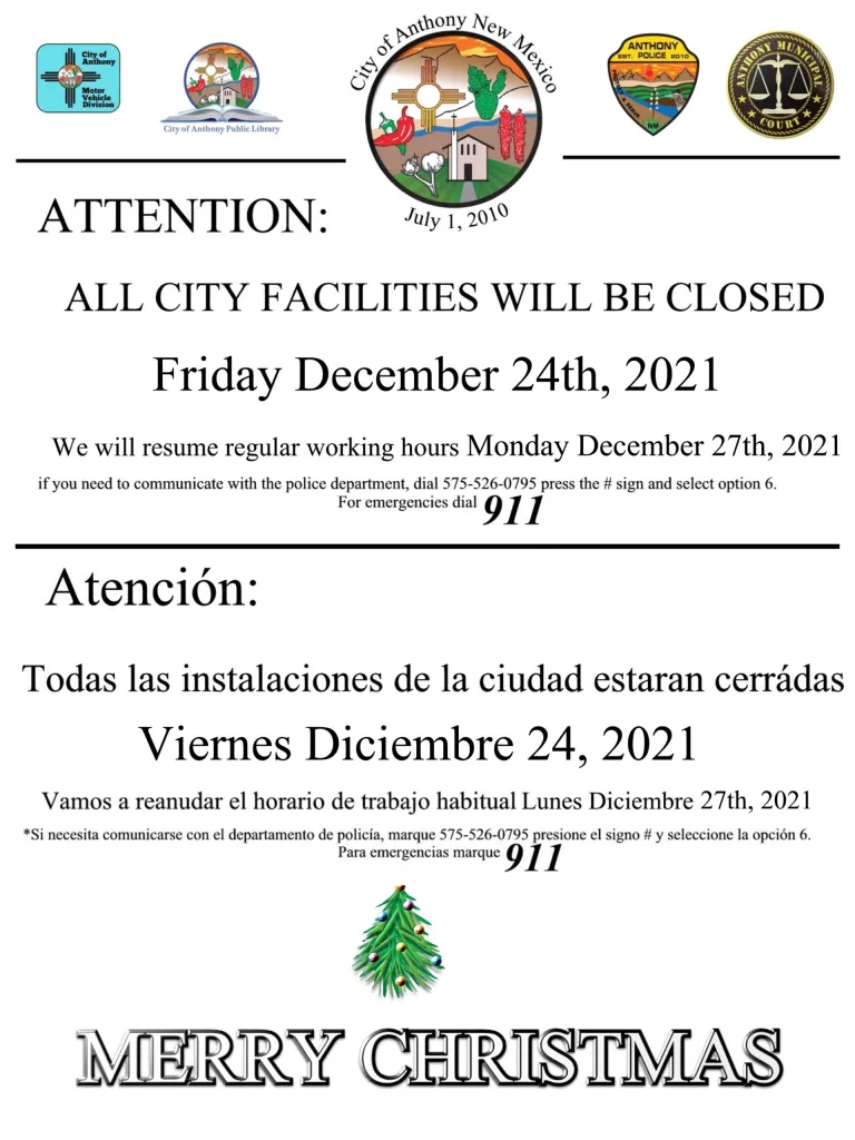 City Facilities Closure Notice Christmas Holiday
