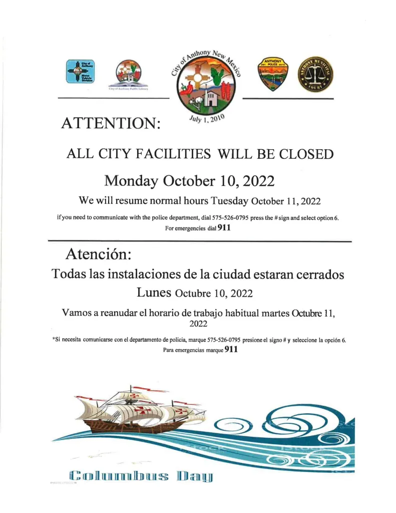 All City Facilities Will Be Closed For Columbus Day Notice