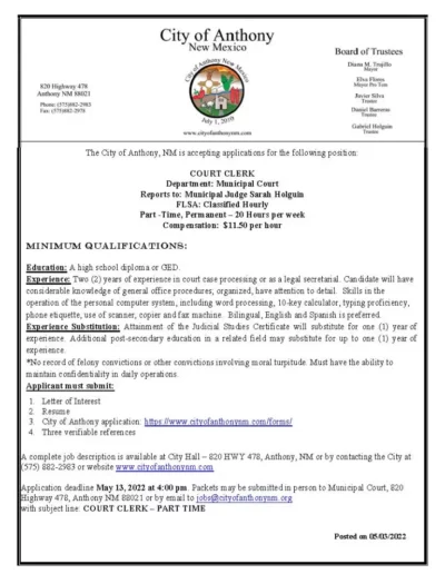 Municipal Court Clerk Job Posting Page 1