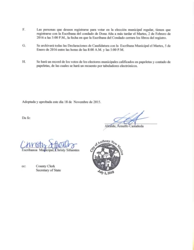 Ciudad de Anthony 2016 Election Resolucion (page 2 of 2)