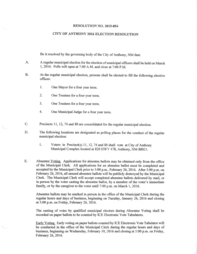 City of Anthony 2016 Election Resolution (page 1 of 2)