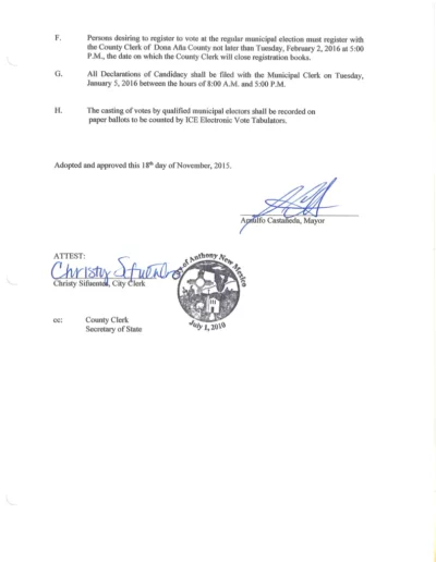 City of Anthony 2016 Election Resolution (page 2 of 2)