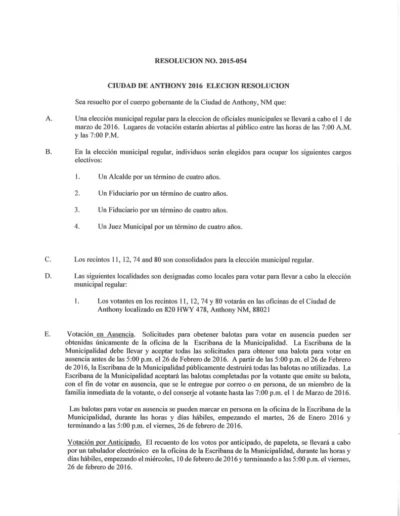 Ciudad de Anthony 2016 Election Resolucion (page 1 of 2)