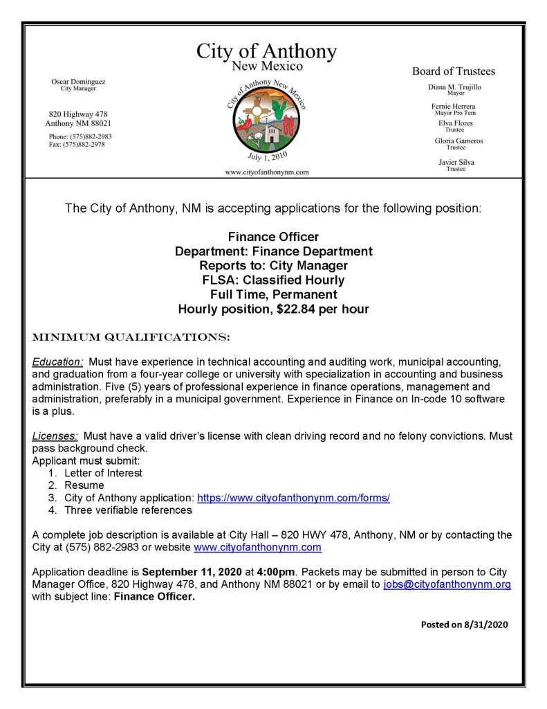 Finance-Posting-083120 Finance Officer Job Posting
