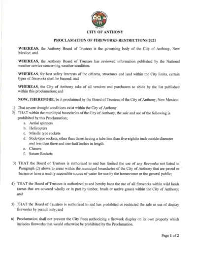 Proclamation of Fireworks Restrictions 2021