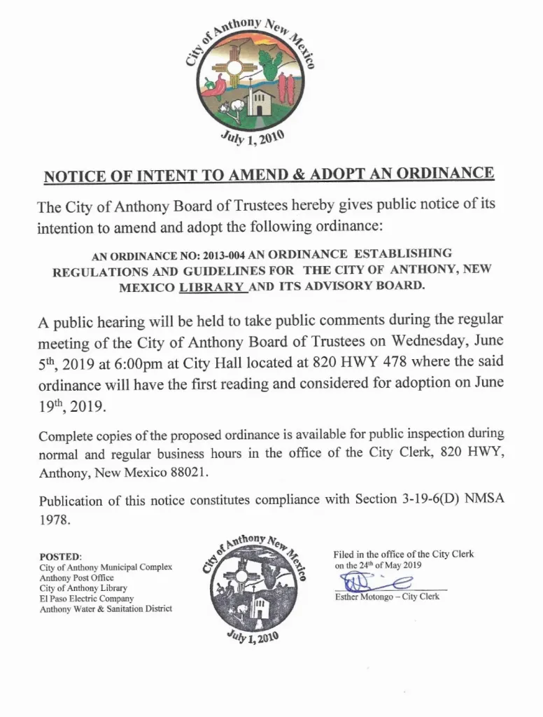 Notice of Intent to Amend & Adopt an Ordinance 