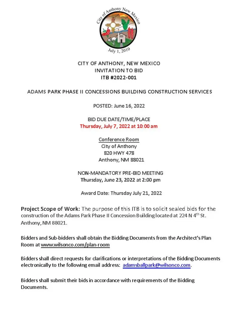 ITB # 2022-001 Adams Park Phase II Concession Building Construction Services