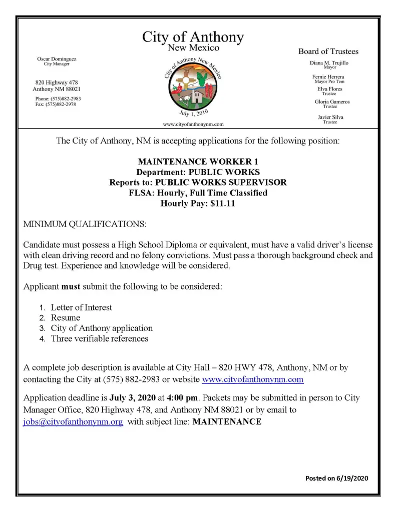 Maintenance-Posting061920 Maintenance Worker I Job Posting