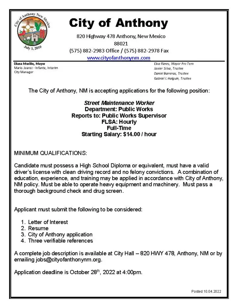 Maintenance_Worker_Posting_10_5_22 Street Maintenance Worker Job Posting