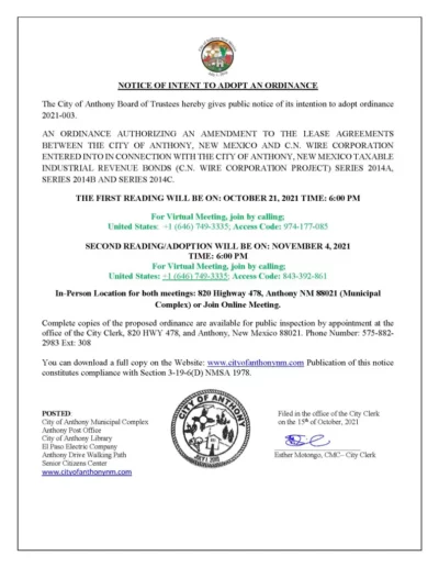 NOTICE OF INTENT TO ADOPT AN ORDINANCE Page 1