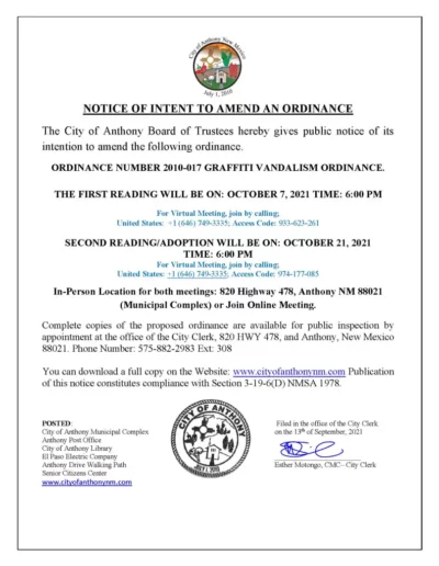 Notice of Intent to Amend an Ordinance Ordinance Number 2010- 017