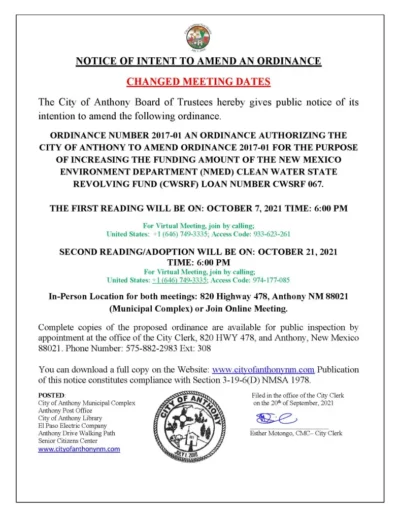Notice Of Intent To Amend An Ordinance Page 1