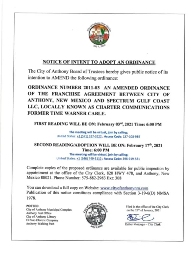 Notice of Adoption of An Amended Ordinance Notice