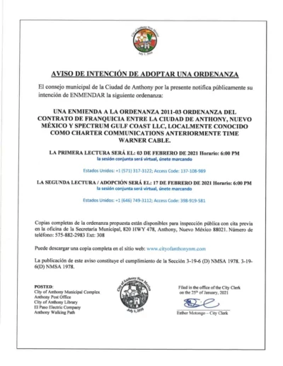 Notice of Adoption of An Amended Ordinance Notice Spanish