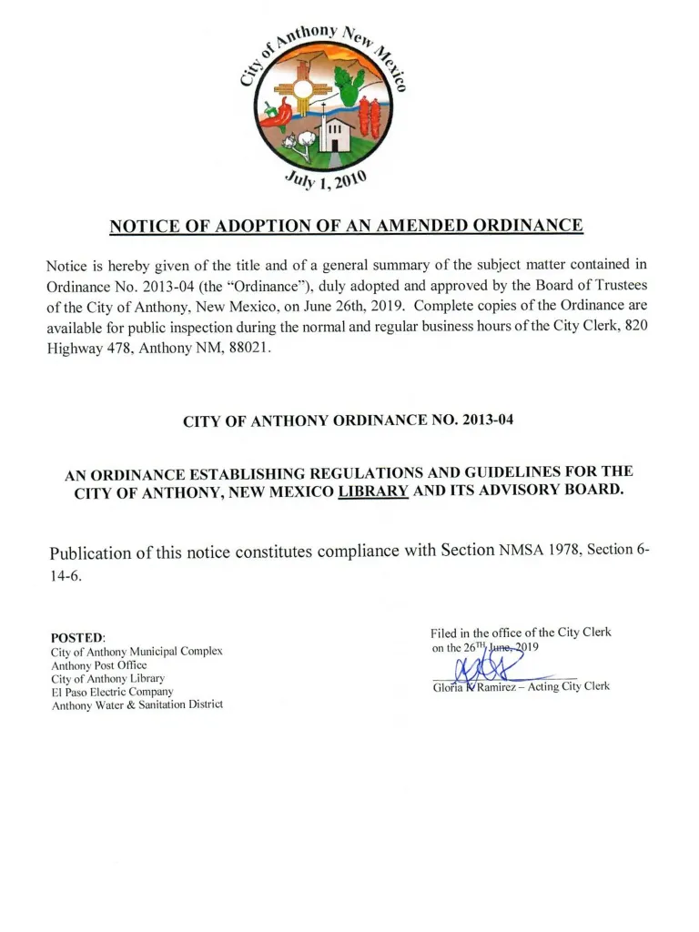Notice of Adoption of An Amended Ordinance