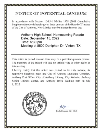 Notice of Potential Quorum Anthony High School, Homecoming Parade Page 1