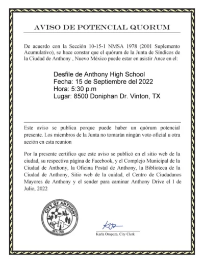 Notice of Potential Quorum Anthony High School, Homecoming Parade Page 2