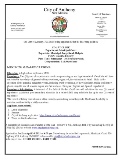 Municipal Court Clerk Part time Page 1