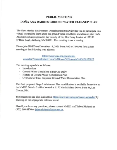 PUBLIC MEETING DONA ANA DAIRIES GROUND WATER CLEANUP PLAN Page 1