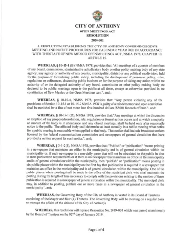 Open Meeting Act Resolution N0. 2020-001 Page 1