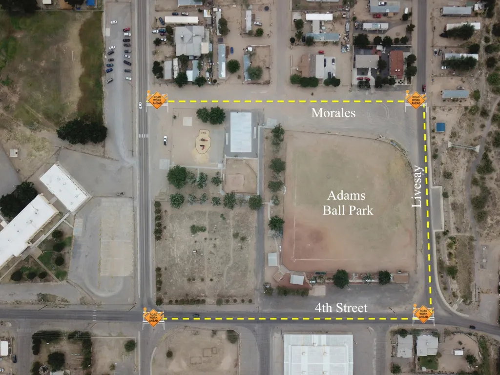 Aerial view of Adams Ball Park Renovation Road Closure map