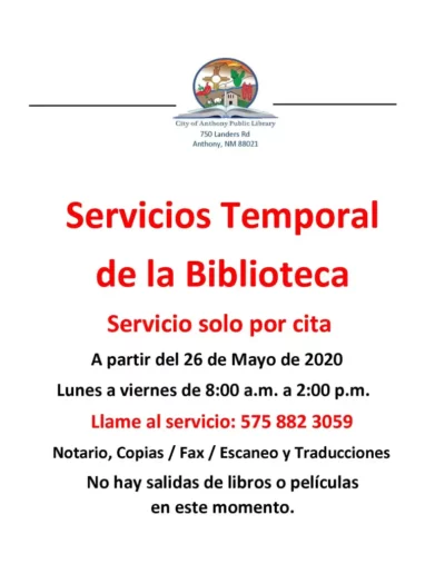 Library Temporary Hours Notice Spanish