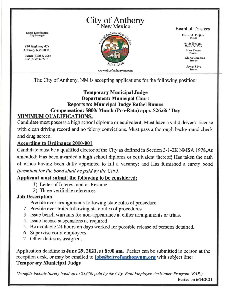 Temporary Municipal Judge Job Description