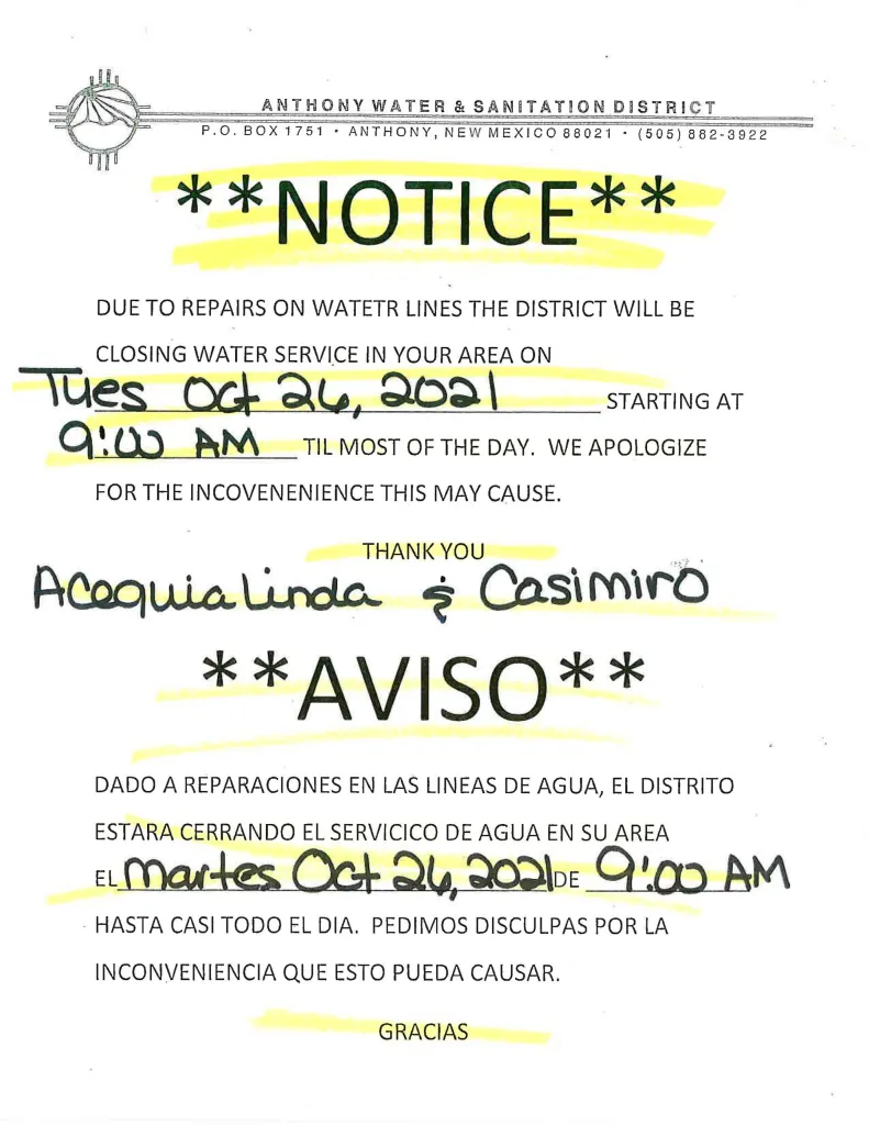 Anthony Water District Notice