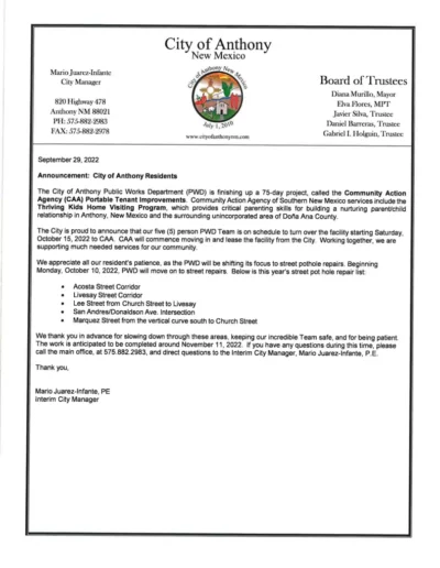 Announcement: City of Anthony Residents