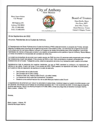 Announcement: City of Anthony Residents Spanish