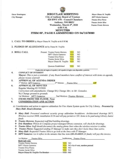 Board of Trustees Regular Meeting Amended Minutes Page 1