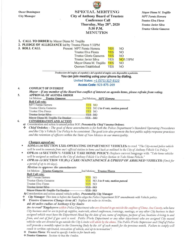 Board of Trustees Special Meeting Minutes Page 1