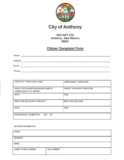 City of Anthony Complaint Form