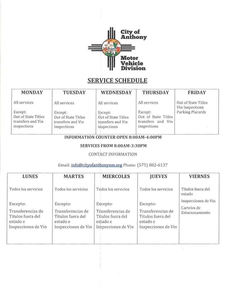 CITY OF ANTHONY MOTOR VEHICLE DIVISION, SERVICES SCHEDULE