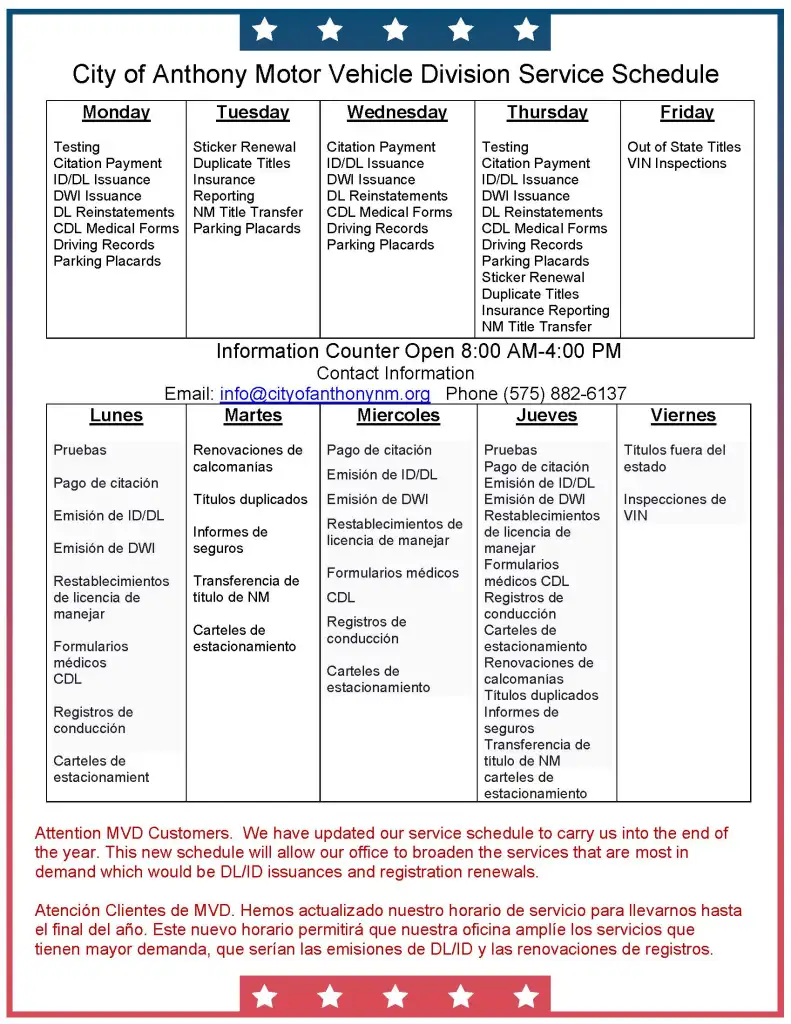 City of Anthony MVD Service Schedule