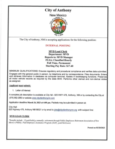 MVD Lead Clerk Job Posting Page 1