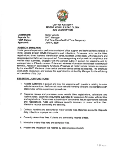 MVD Lead Clerk Job Posting Page 2