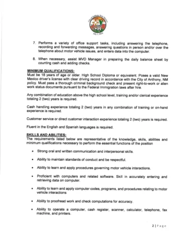 MVD Lead Clerk Job Posting Page 3