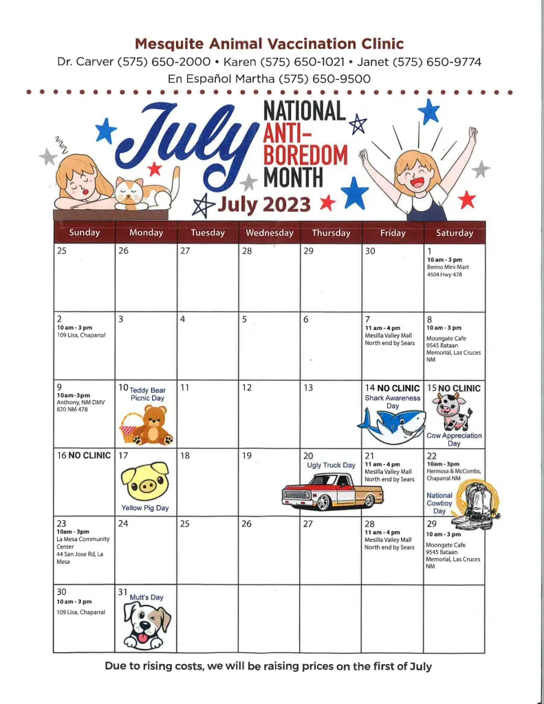 Mesquite Animal Vaccination Clinic July 2023 Calendar