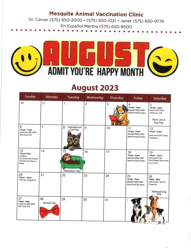 Mesquite Animal Vaccination Clinic August Calendar