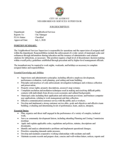 Neighborhood Services Supervisor Job Posting Page 2