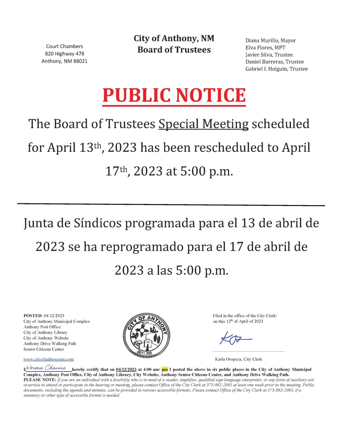Special BOT Meeting Rescheduled Notice