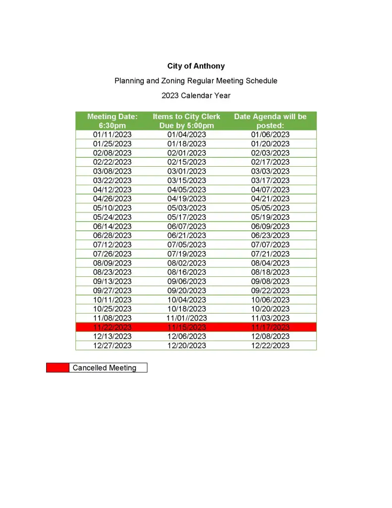 Planning & Zoning Regular Meeting Schedule 2023 Calendar Year