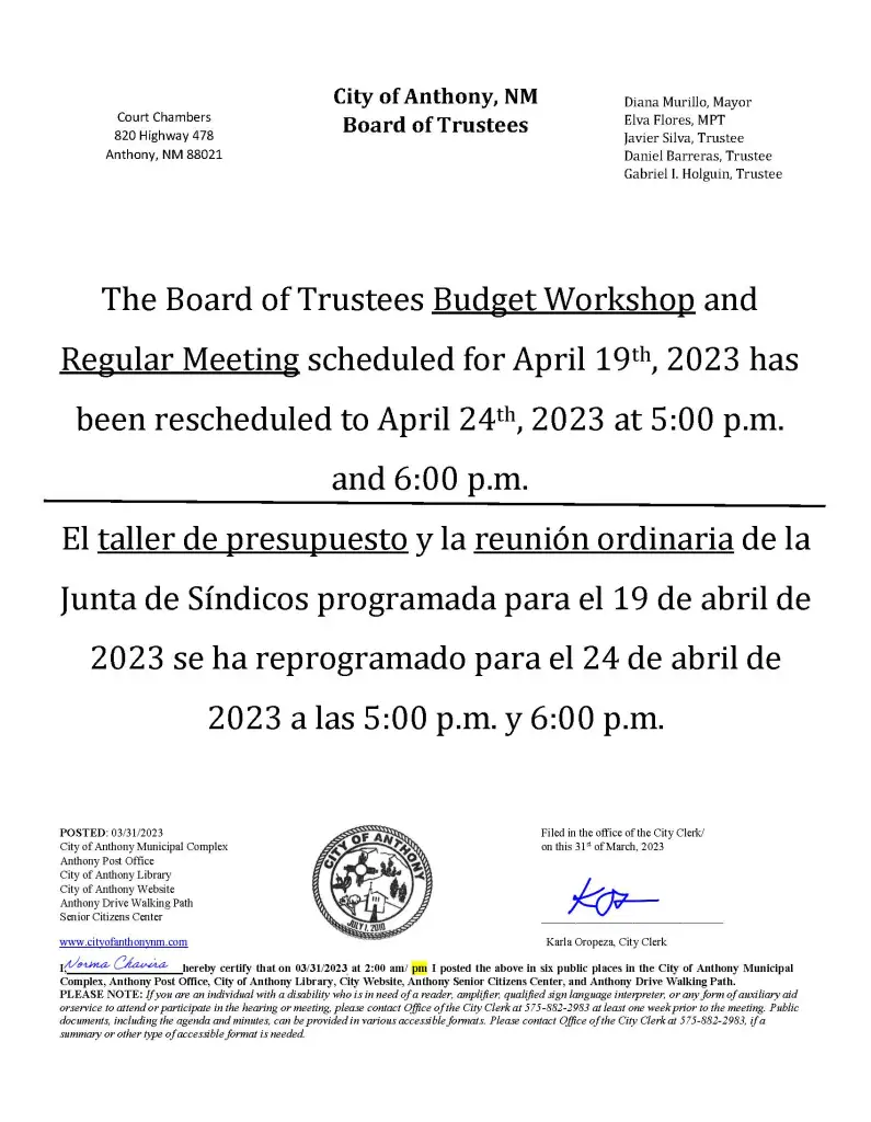 The Board of Trustees Budget Workshop and Regular Meeting Schedule