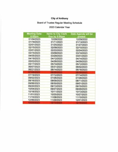 Board of Trustees Regular Meeting Schedule 2023 Calendar Year