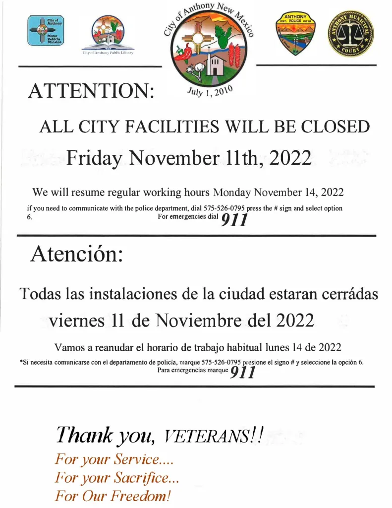 City Facilities Closure Notice